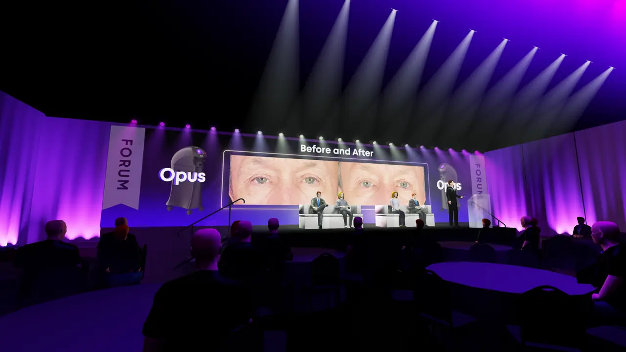 Previs render of the second look: Opus branding on the side towers, panel on stage