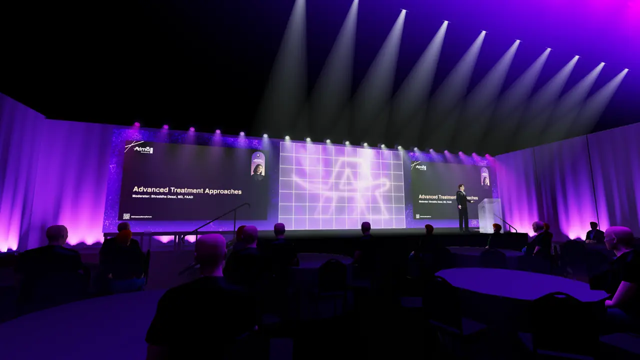 Previs render from the seats: centre LED and side screens under purple light