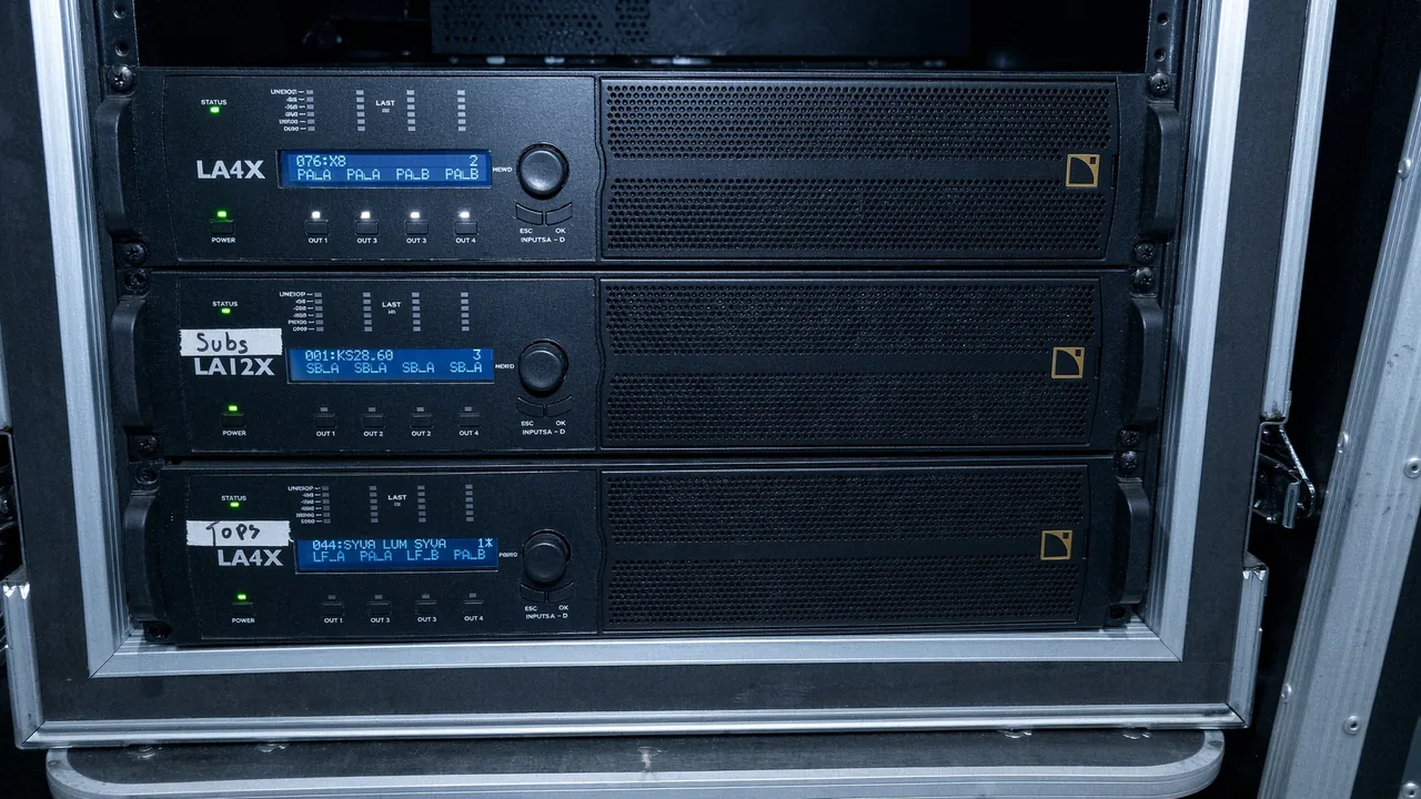 Amp racks with L-Acoustics LA4X and LA12X amplifiers, labelled and patched