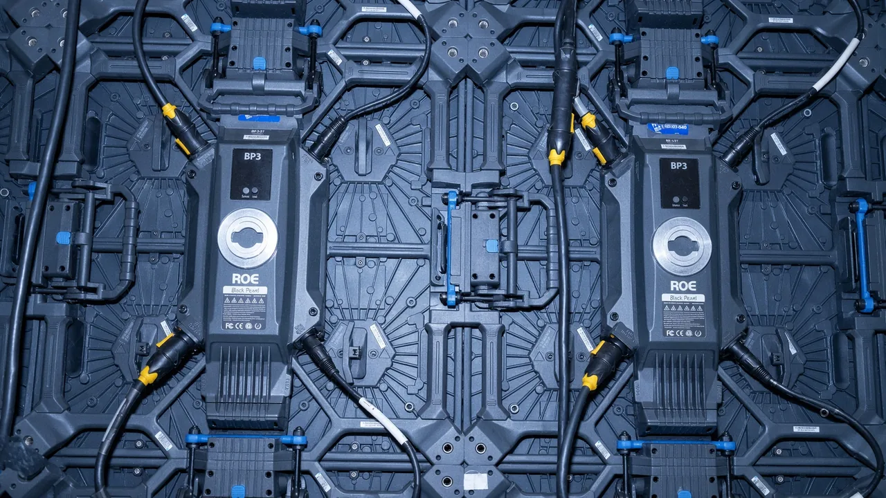Rear of the LED wall: ROE panels with data and power looped panel to panel