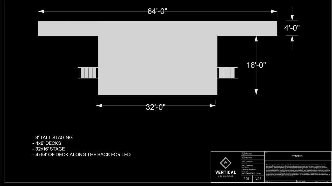 Vectorworks staging drawing: 64 by 4 foot LED deck, 32 by 16 foot stage, 3 foot tall staging