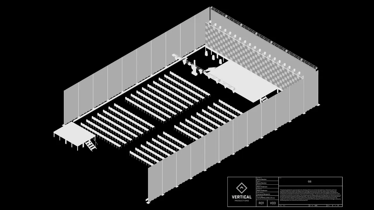 Vectorworks isometric of the ballroom: drape line, stage, LED wall and rows of seating