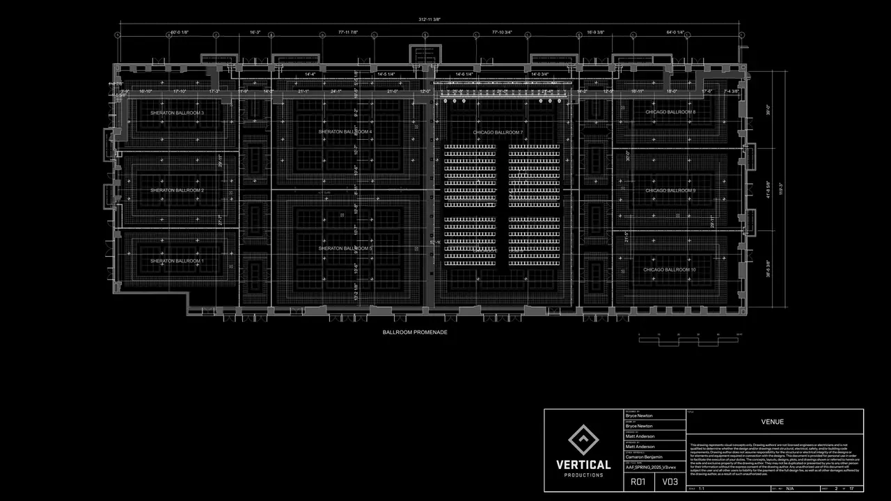 Vectorworks ballroom plan: staging, LED, screens and seating laid out to scale
