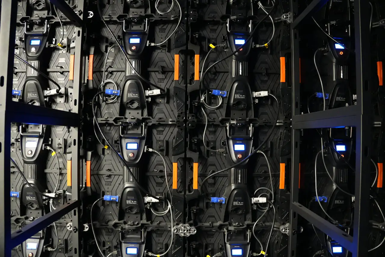 Rear of an installed equipment rack with neatly dressed cabling