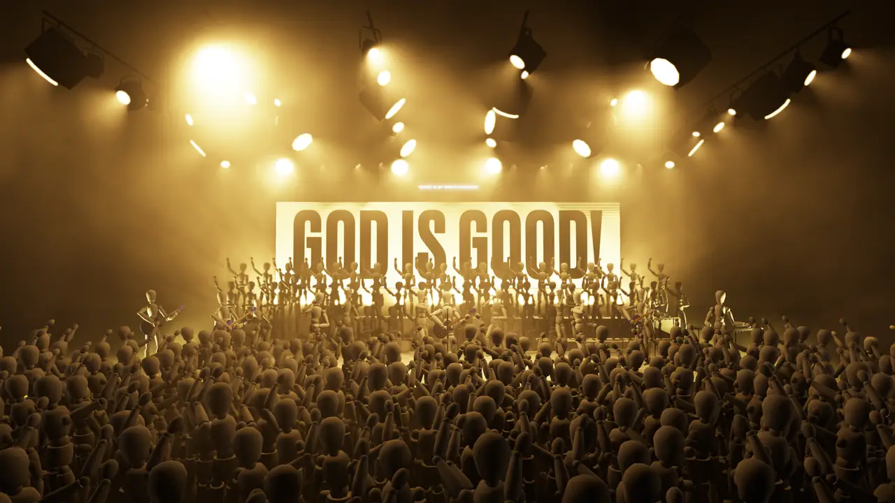 Design render: GOD IS GOOD! sign lit above the stage in warm light