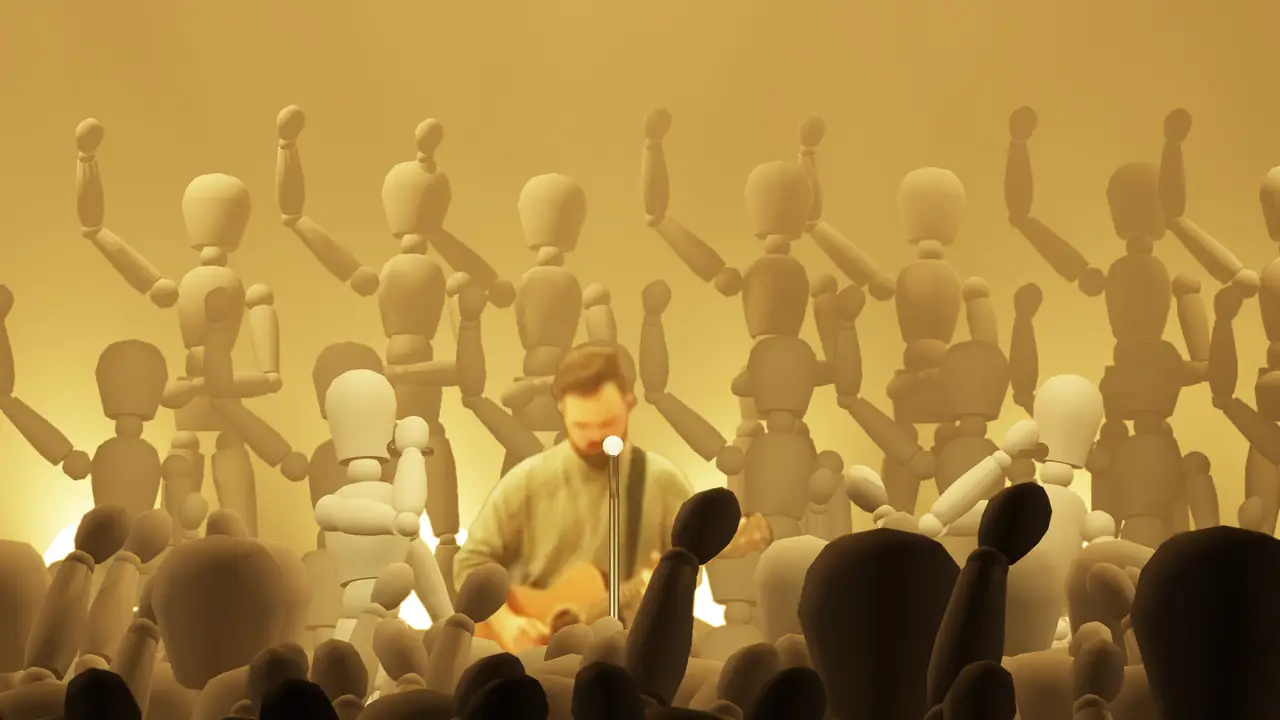 Design render of a performer in warm haze, figures in the crowd