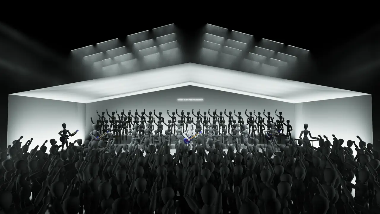 Design render of the house look: angled ceiling lines over the stage and audience