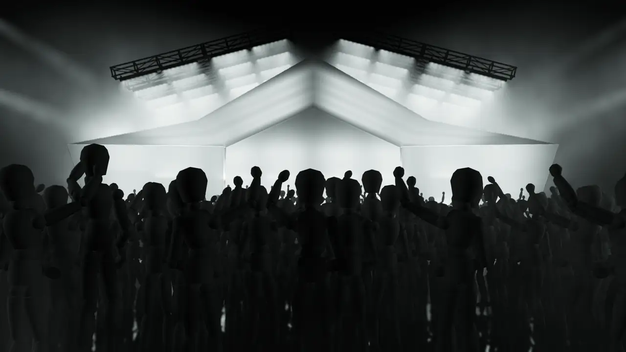 Design render: white stage with an angled ceiling of light panels over a choir and crowd