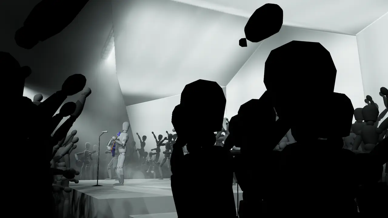 Design render from the crowd: silhouetted hands raised toward the white angled stage