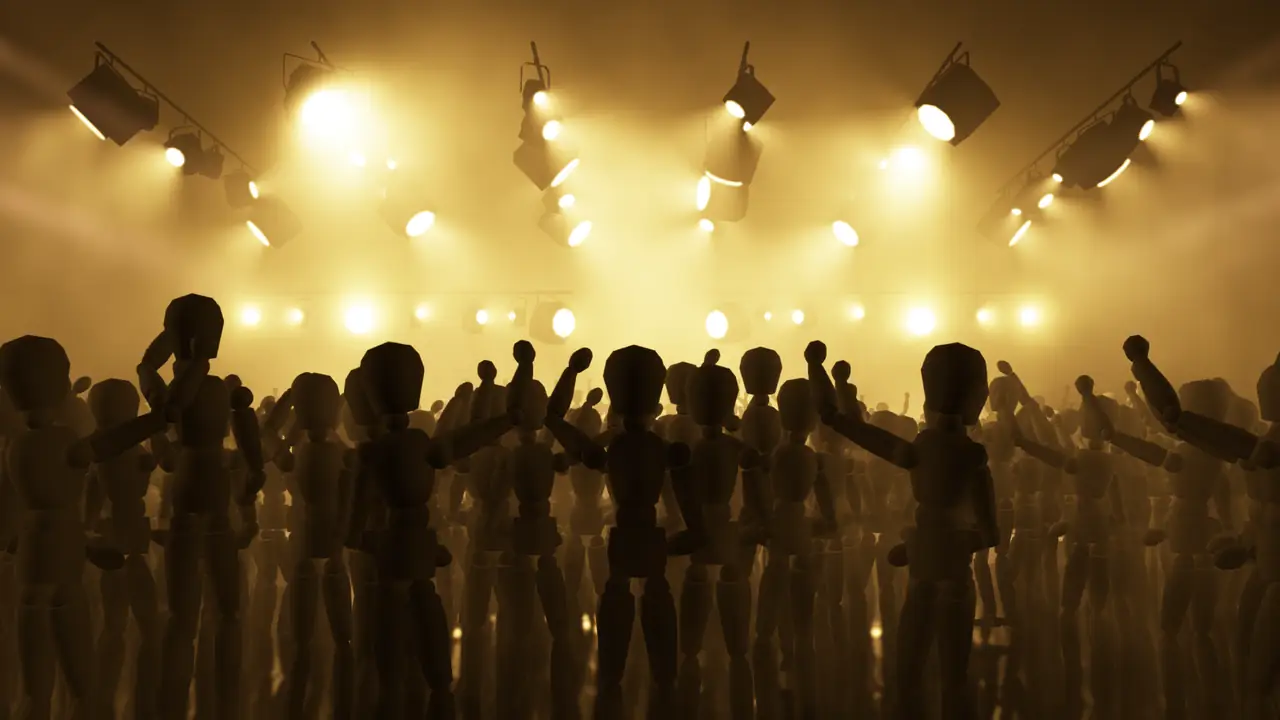 Design render of a warm amber look with beams over a crowd