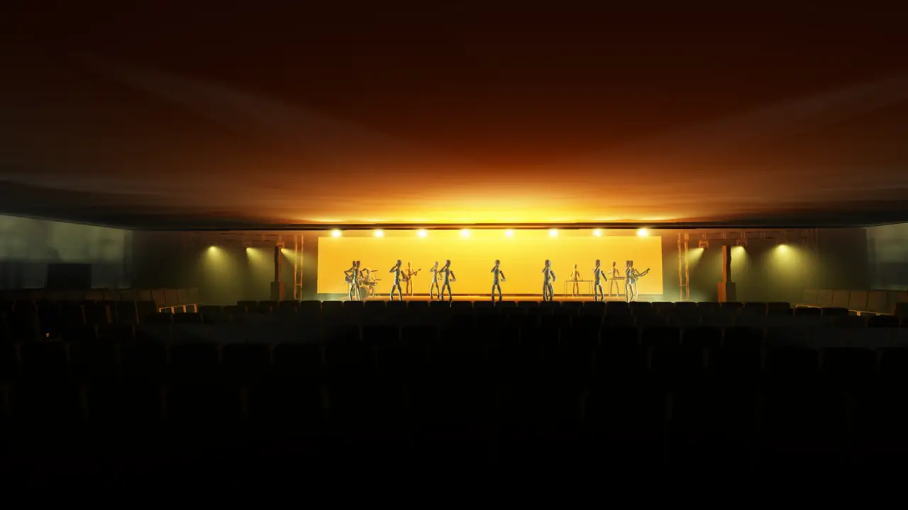 Previs render of the conference room from the back: amber LED wall and band positions