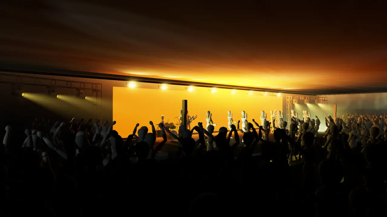 Previs render with a full audience in front of the amber LED wall