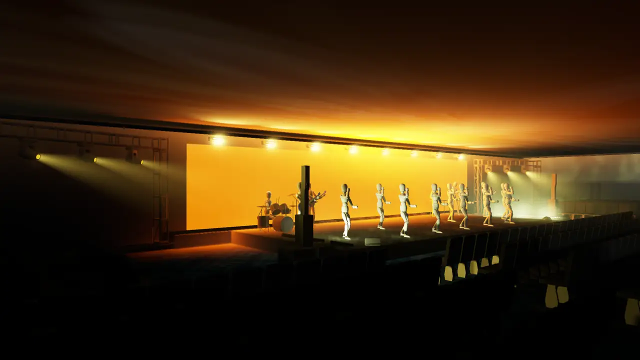 Previs render from the side seats: LED wall, risers and side light