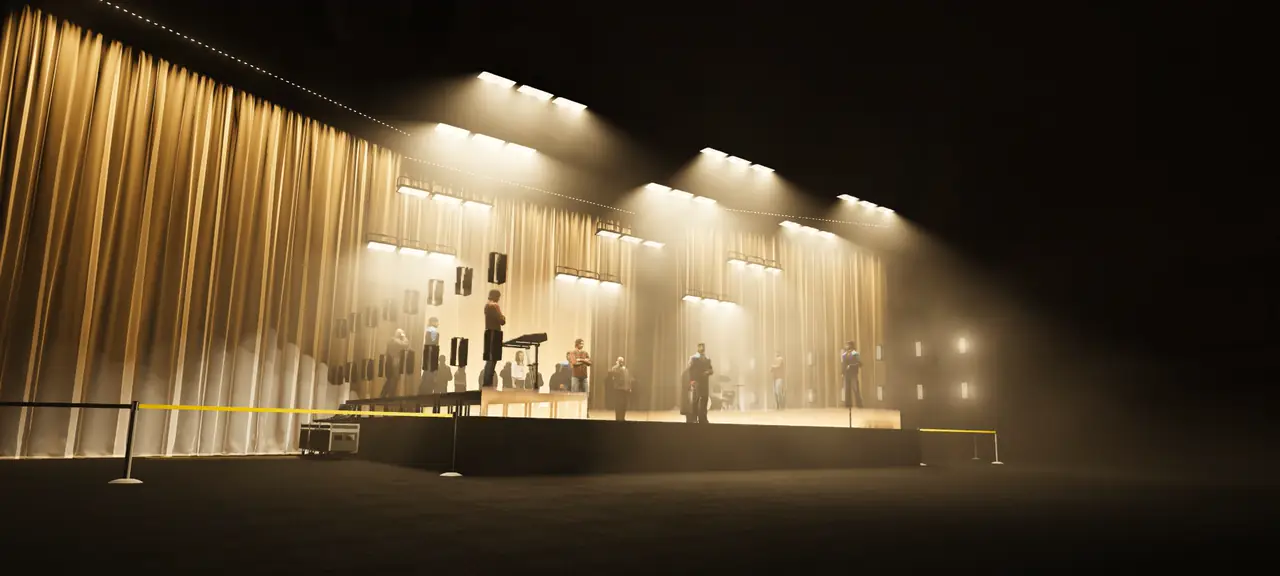 Design render, look 1: gold pleated curtain with hanging light panels