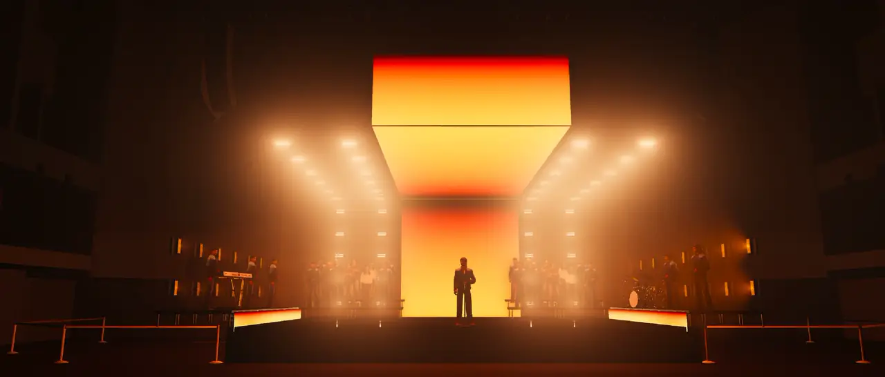 Design render, look 2: red vertical LED box with L-shaped light frames