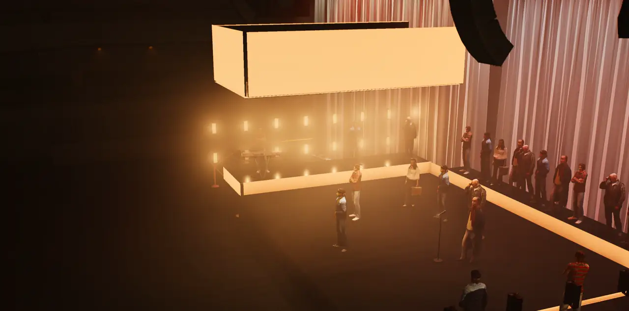 Design render, look 4: hanging three-sided screen over the stage, elevated view