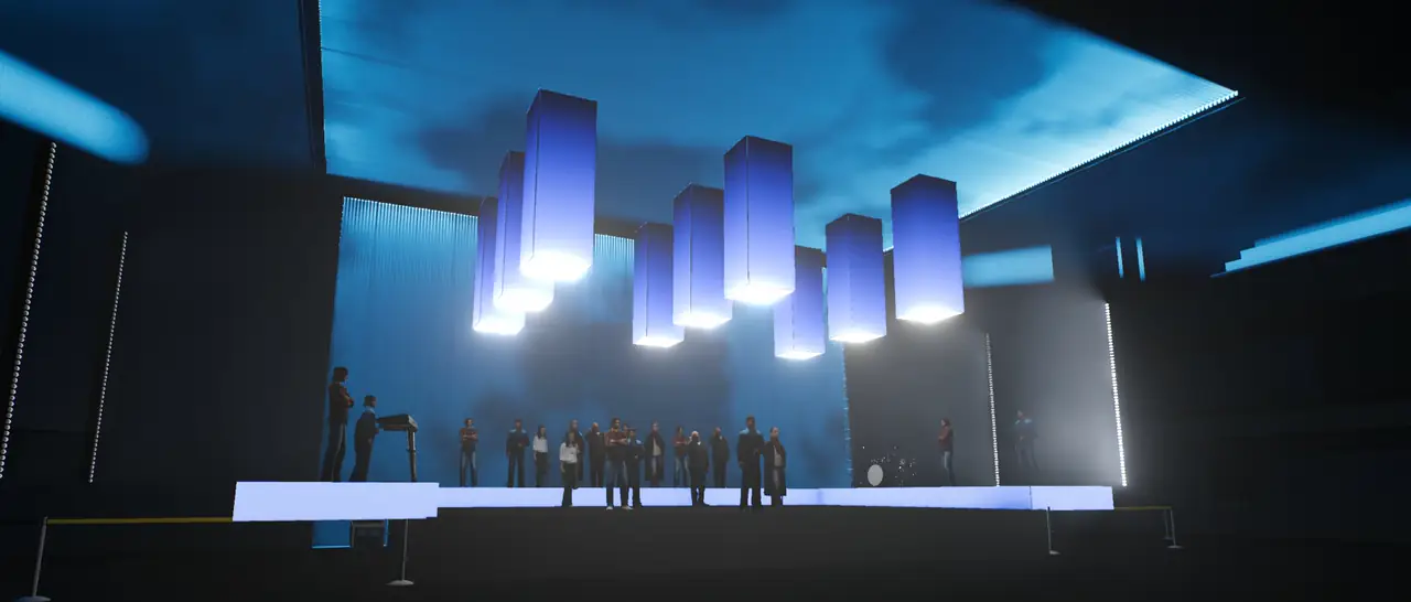 Design render, look 5: hanging rectangular columns lit cyan and blue