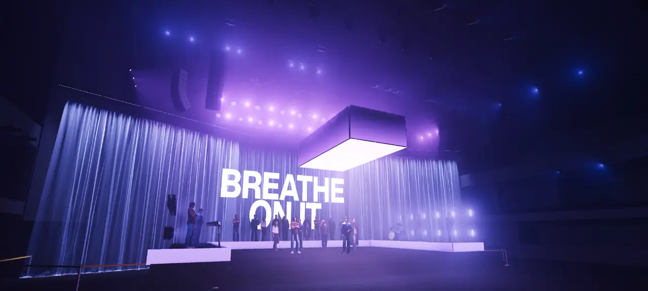 Here Comes The Church design render: purple waterfall curtain with BREATHE ON IT lyrics