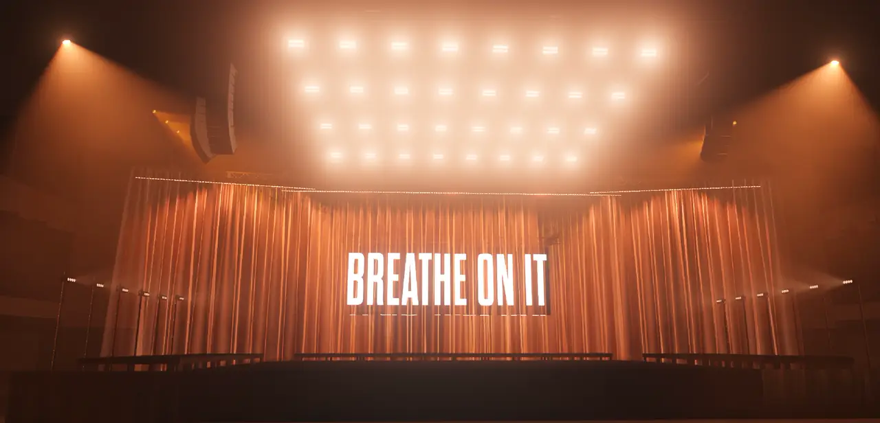 Final design render: simple drape with lyrics reading through from the LED behind it