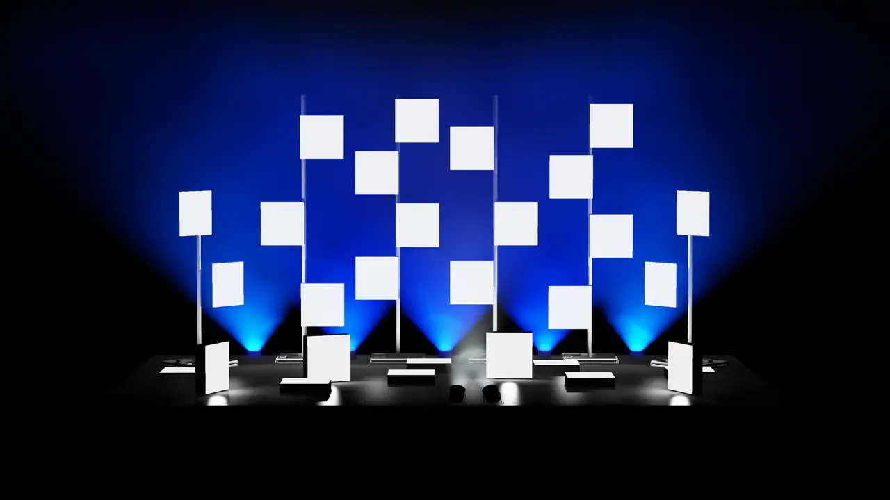 Design render from the front: a field of LED panels in blue over the stage