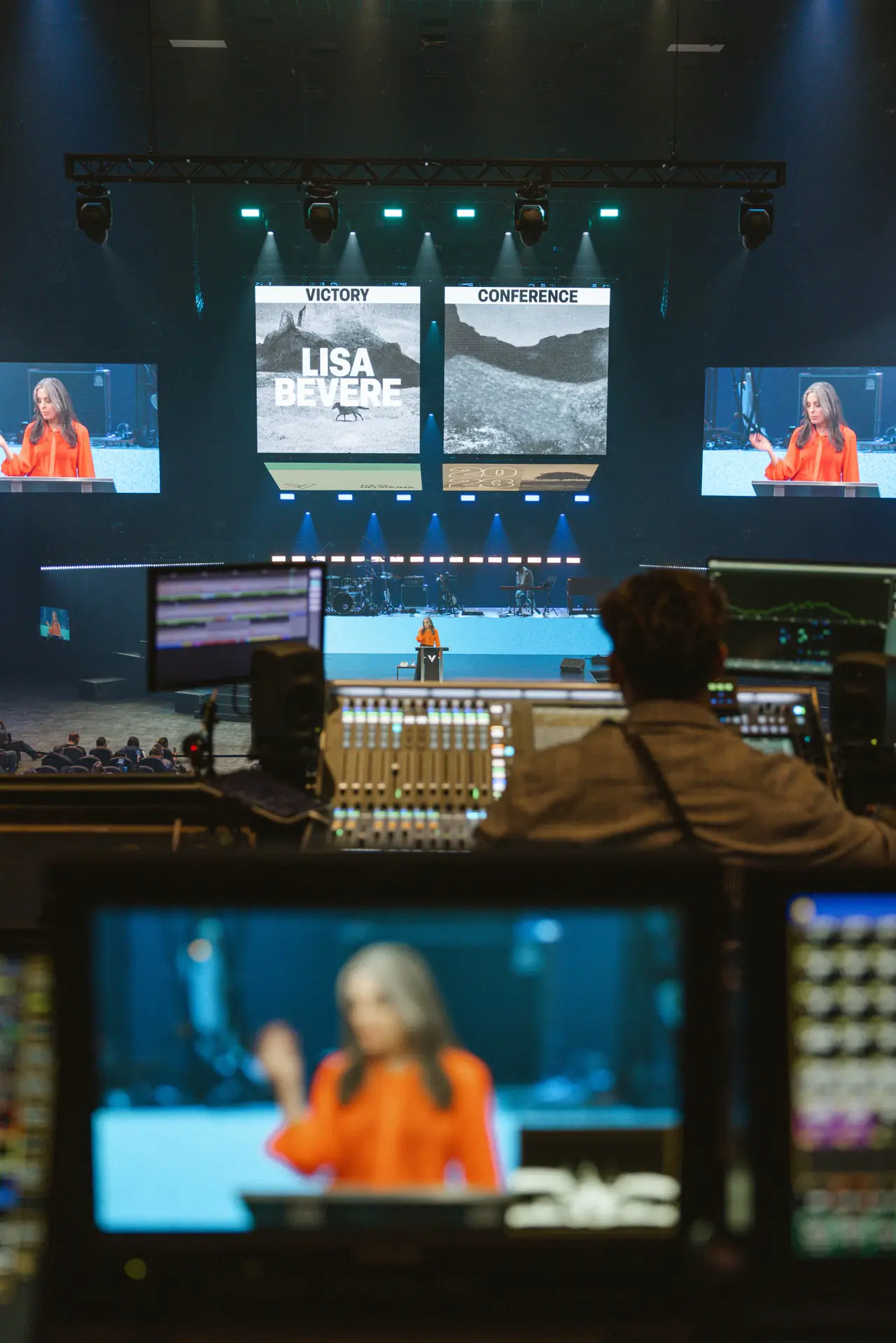 Video control position with monitors and screens during Victory Conference